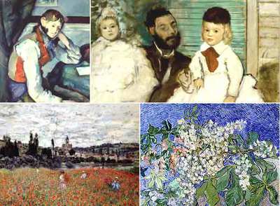 Las cuatro obras maestras robadas el domingo en la Fundación Emil Bührle. De izquierda a derecha y de arriba abajo,  El chico del chaleco rojo,   de Paul Cézanne ;  El conde Lepic y sus hijas,   de Edgar Degas ; Campo de amapolas cerca de Vétheuil,  de Claude Monet, y  Ramas de castaño en flor,  de Vincent van Gogh. 
