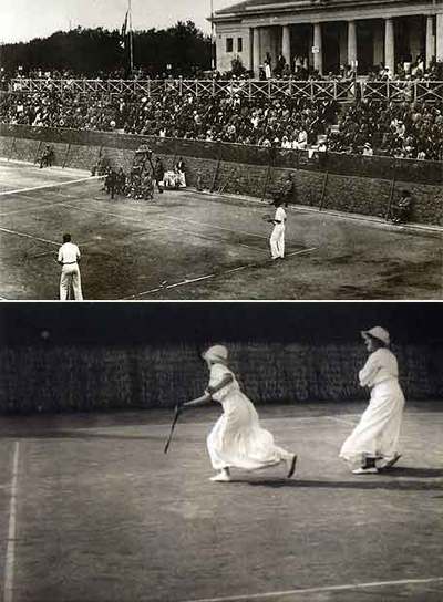 Un partido disputado en 1929 en el Pompeia. Abajo, dos jugadoras practicando tenis. Las fotos aparecen en el libro del Centenario, recogidas a su vez de  Història il.lustrada de l'esport català  , de  Xavier Pujadas y Carles Santacana.