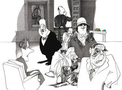 La familia Mann, en una imitación de  Las Meninas,   según Loredano : Julia da Silva Bruhns Mann (en el cuadro del fondo). En el centro, sus hijos Heinrich (de negro) y Thomas Mann (sentado), y la esposa de éste Kathia, que tienen delante a sus hijos Erika y Golo, y detrás, a Klaus (saliendo por la puerta).