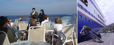A la izquierda, Laura Luceño y Pablo Campos dan clase en la cubierta del barco de la Universidad de Virginia. A la derecha, el barco atracado en Dubrovnik (Croacia).