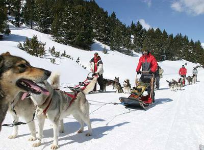 El  mushing,  rutas en trineos tirados por perros, es una de las actividades que ofrece Grandvalira (Andorra).