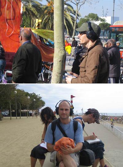 Arriba, miembros de Ciudad Sonora durante el trabajo de campo para el proyecto  Acústicas de las transformaciones urbanas. Abajo, los fundadores del proyecto: Claire Guiu, Noel García e Iñigo Sánchez. 