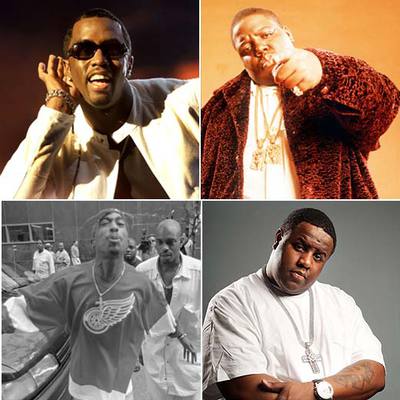 En el sentido de las agujas del reloj, Sean  Diddy  Combs en una actuación en febrero en Nueva York; Notorious B.I.G., poco antes de ser asesinado; Jamal  Gravy  Woolard, que encarnará a Notorious en la gran pantalla, y Tupac Shakur escupe a un fotógrafo a la salida de un juicio en 1994.
