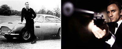 A la izquierda, Sean Connery con el Aston Martin que se utilizó en  Goldfinger (  1964); a la derecha, Daniel Craig, el último James Bond, en   007: Casino Royal   (2006). 