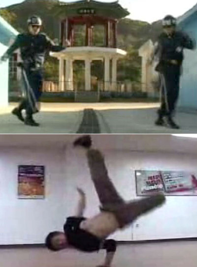 Dos de los vídeos de  breakdance  más vistos en YouTube. En el primero se escenifica una lucha de baile entre militares de Corea del Norte y del Sur. El de abajo pertenece a un torneo celebrado en Seúl.