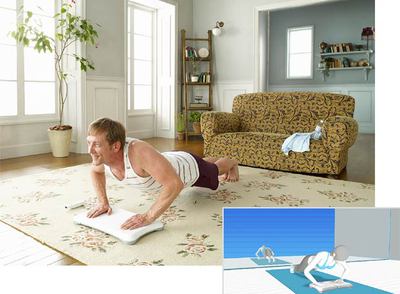 Arriba, un usuario hace ejercicios sobre la tabla del juego  Wii Fit.  Al margen, lo que está viendo en pantalla.