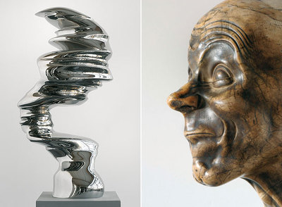 A la izquierda:  Close Quarters  (2006), de Tony Cragg. A la derecha,  El simplón  (posterior a 1770), de Franz Xaver Messerschmidt.