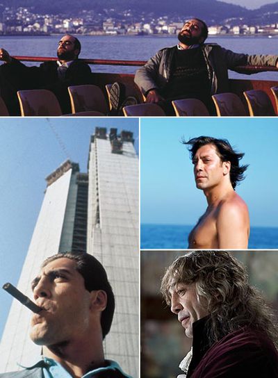 Fotogramas de algunas de las películas que forman parte de la colección protagonizadas por Bardem. Arriba, una imagen de  Los lunes al sol ;  Mar adentro y Los fantasmas de Goya,  abajo, y en vertical,  Huevos de oro.  