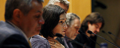 Ángeles González Sinde durante su intervención en la Facultad de Ciencias de la Información de la Complutense.