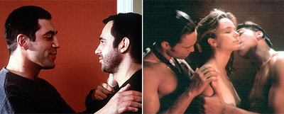 Javier Bardem y Jordi Mollà, a la izquierda, en  Segunda piel;  a la derecha, Francesca Neri es besada por Bardem en  Las edades de Lulú .