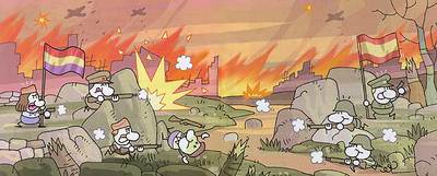 Ilustración de Julius para  Pequeña historia de España,  de Manuel Fernández Álvarez, en el capítulo sobre la Guerra Civil.