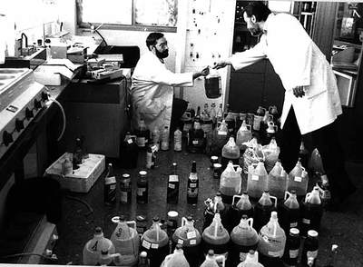 Dos analistas examinan aceite durante el  caso de la colza,  en julio de 1981.
