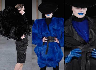 Varias siluetas de la última colección presentada por José Castro en París, el pasado febrero. Abajo a rnla derecha, el diseñador gallego, al final del desfile.