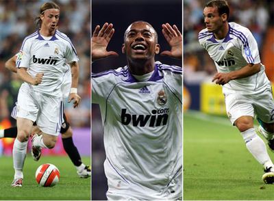 Guti (a la izquierda) conduce el balón en el partido contra el Ahtletic. Robinho (en el centro) celebra uno de los dos goles que marcó al Mallorca en el Bernabéu el pasado mes de noviembre en uno de sus mejores partidos de la temporada. Sneijder (a la derecha) en un partido de Champions.
