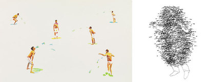 A la izquierda Shirtlifter , una acuarela de Norbert Bisky. A la derecha,  Ceux des autres sont les mêmes  dibujo de Abdelkader Benchamma.