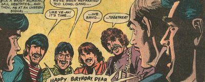 Los Beatles, en una viñeta de  Batman 222: Dead...  Till Proven Alive!  (junio 1970),  con guión de Frank Robbins y dibujos de Irv Novick & Dick Giordano (National Periodical Publications).