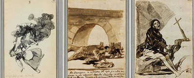 De izquierda a derecha,  Bajar riñendo ,  El aguacil Lampiños cosido dentro de un caballo muerto  y  Arrepentimiento , dibujos de Goya  de los que no se sabía nada  desde 1877.