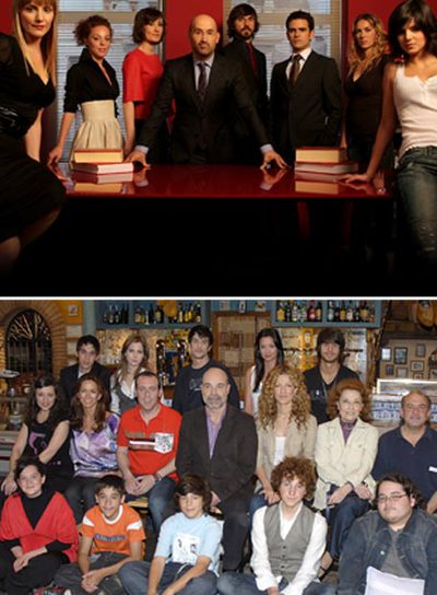 Arriba, Javier Cámara y sus compañeros en  Lex . Abajo, los intérpretes del final de  Los Serrano. 