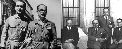 A la izquierda, los escritores Federico García Lorca y Eduardo Ugarte, en 1934. A la derecha, arriba, grupo formado por Pedro Salinas (izquierda), José Ortega y Gasset, Manuel García Morente y Teófilo Hernando, en 1933. Abajo, el médico y académico Pedro Laín Entralgo, en 1998.rn uimp