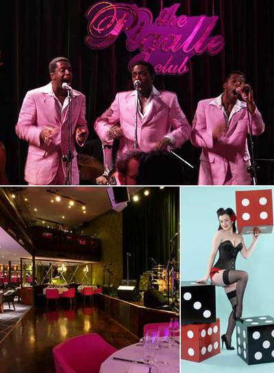 Arriba, una actuación en The Pigalle Club. Abajo, una vista del  supper club  londinense: el escenario, la pista de baile y las mesas para cenar se dirían salidos de una película de los años cuarenta. A la derecha, una de las chicas del Volupté.