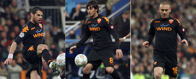 Perrotta, Aquilani y De Rossi con el Roma en el Bernabéu, en los octavos de  Champions , el pasado mes de marzo.