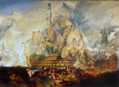  Batalla de Trafalgar,  de William C. Turner. Abajo, Michel Maffiotte y la reproducción de una página de sus memorias.