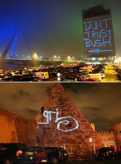 'Graffitis' de neón realizados por el colectivo neoyorquino Graffiti Research Lab.