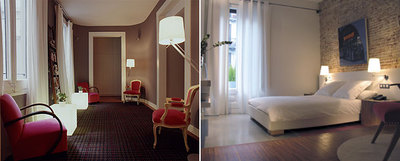 Dos imágenes del hotel The 5 Rooms, en el centro de Barcelona, con decoración  vintage:  mobiliario de los años cincuenta, butacas  art déco  y sillones Luis XV.