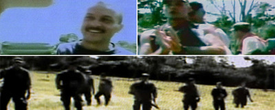 El jefe guerrillero  César  sonríe al ser interpelado por un falso periodista; los rehenes suben esposados al avión mientras los guerrilleros observan la operación.