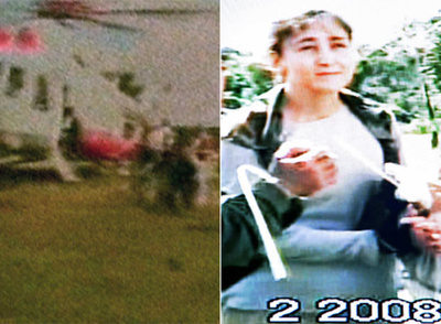 Betancour muestra su alegría en el interior del aparato. Los rehenes acceden al helicóptero. Después, Ingrid Betancourt, maniatada.