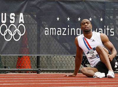 Tyson Gay, en el momento de su lesión.