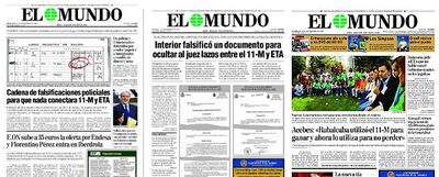 Portadas del diario  El Mundo,  que alentó e instigó la teoría de la conspiración del 11-M a la que se sumó el PP y que ahora ha sido desmontada.