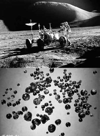 El astronauta John W. Young  (Apolo 15)  en la Luna (arriba) y cristales de las muestras lunares que contienen agua.