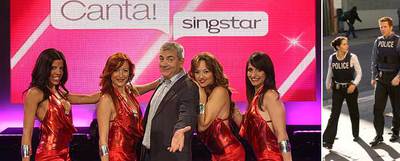 Carlos Sobera presenta  Canta! Singstar,  el nuevo concurso de karaoke de TVE-1. A la derecha, un fotograma de  Life,  la nueva serie policiaca de Tele 5.