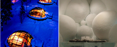 A la izquierda, el  hotel Kakslauttanen,  conjunto de 20 iglús con techo de cristal en Laponia (Finlandia) que permiten disfrutar del espectáculo que ofrece la aurora boreal mientras se está calentito con temperaturas exteriores de 30 grados bajo cero. A la derecha, el espectacular  Ice Hotel,  en Jukkasjärvi (Suecia). Se reconstruye cada año en invierno con el agua helada de un río cercano. La construcción se derrite cada primavera y el agua vuelve al cauce del río, cerrando así el ciclo natural.