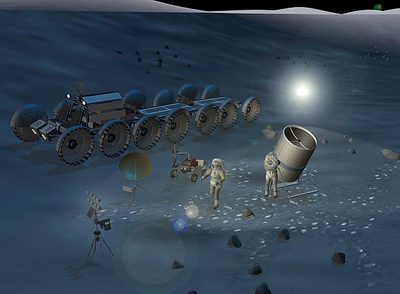 Ilustración de un equipo de astronautas instalando telescopios en la Luna.