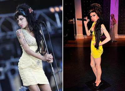 A la izquierda, Winehouse, en su actuación en Madrid. A la derecha, su réplica de cera.