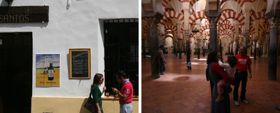 Una de las calles de fachadas encaladas en la Judería y el interior de la Mezquita.