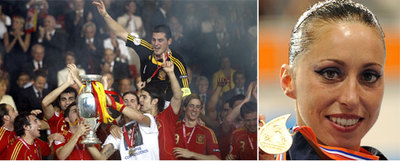A la izquierda, los jugadores de la selección española celebran el triunfo en la Eurocopa de Austria y Suiza. A la derecha, Gemma Mengual, con su oro europeo en solo.