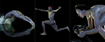 El nadador Gregor Tait, el atleta Phillips Idowu y la ciclista Rebecca Romero posaron desnudos y practicando cada uno su deporte para la campaña publicitaria de una bebida deportiva.