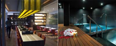 A la izquierda, el comedor de desayunos del hotel Vincci Frontaura, con una fotografía de gran formato de Rafael Vargas; a la derecha, instalaciones del  spa. 