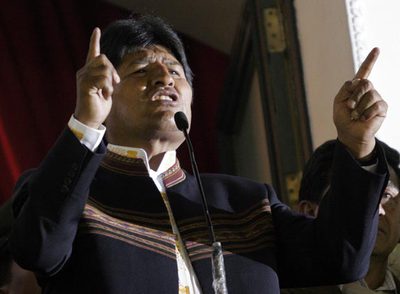 El presidente de Bolivia, Evo Morales, durante su discurso en el balcón del palacio presidencial de La Paz.