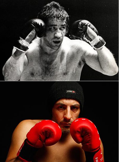 Arriba, Urtain en un combate. Abajo, el actor Roberto Álamo durante los ensayos de la obra  Urtain. 