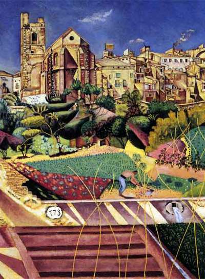  Pueblo e iglesia de Montroig  (1919), de Joan Miró, óleo sobre lienzo, 73×60 centímetros, colección privada, de la exposición  Miró: Tierra  en el Museo Thyssen de Madrid.