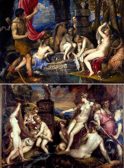 Estas dos obras se exponen en la sede escocesa de la National Gallery. Arriba,  Diana y Acteón;  a la izquierda,  Diana y Calisto,  de Tiziano.