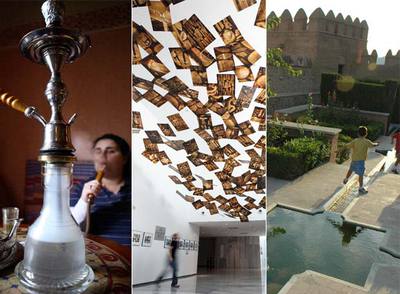 De izquierda a derecha: la tetería de los Baños Árabes Alhammam Almeraya; la instalación  La nube de Siret , de Luis Siret, en el Museo de Almería, y los jardines de la alcazaba.