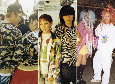 Una pareja  hip-hopera,   a la izquierd a. En el centro, Yulia, una  dj  tokiota, y Bizarru, dueño de Candy, una tienda del barrio Harajuku, de donde surgen decenas de tendencias. A la derecha, una pareja de  yamambas,  con sus características caras morenas y su pintura blanca alrededor de los ojos, en el barrio de Shibuya.