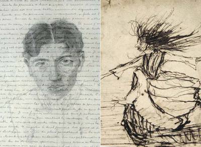 Carta manuscrita de André Breton a Théodore Fraenkel con autorretrato del autor. A la derecha,  La bruja,  dibujo a tinta china de Alfred de Musset.