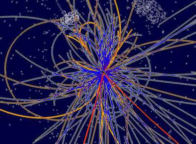 Simulación de cómo el detector CMS del LHC vería una colisión protón-protón que produce muchas partículas, incluyendo una de Higgs, que se desintegra en dos  electrones  (un electrón y un positrón, su antipartícula) y dos  muones  (en el mismo sentido).