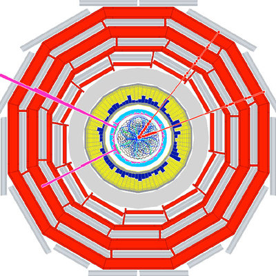 Simulación de cómo el detector CMS del LHC vería una colisión protón-protón vista en el plano transversal a los haces de protons, extendida a las partes más externas del detector. Las trazas rojas son reconstrucciones de las trayectorias de los muones y las columnas de color rosa reflejan la energía de los electrones, medida por una sección específica del CMS.
